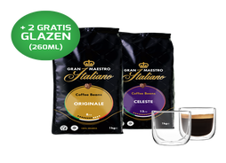 Proefpakket Grand Maestro Italiano - koffiebonen (2 kg) en 2 luxe dubbelwandige glazen