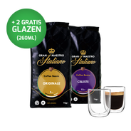 Proefpakket Grand Maestro Italiano - koffiebonen (2 kg) en 2 luxe dubbelwandige glazen